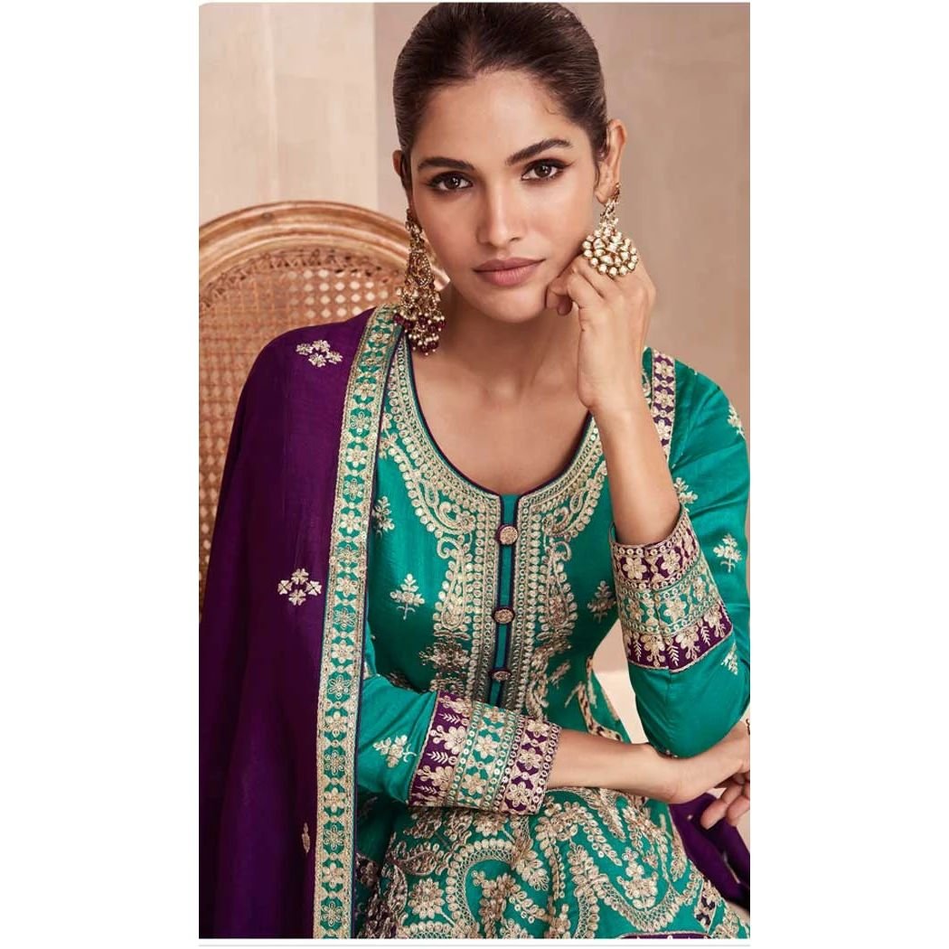Silk Embroidered Pakistani Style Palazzo Salwar Suit In Teal Blue –