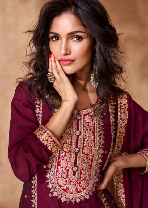Magenta Embroidered Palazzo Suit Set