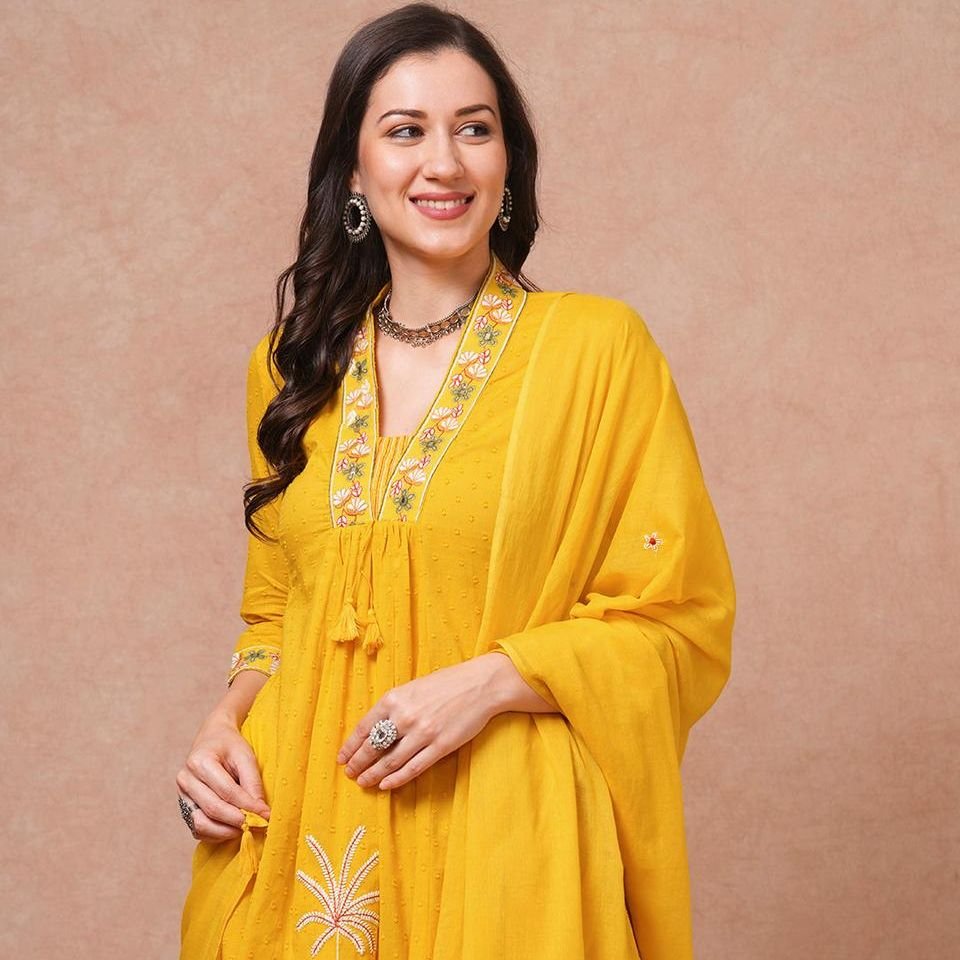 Solid Floral Embroidered A-Line Paneled Kurta with Pant & Dupatta – Yellow
