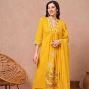Solid Floral Embroidered A-Line Paneled Kurta with Pant & Dupatta – Yellow