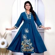 Premium Quality Pure Dobby Cotton Embroided Anarkali Pant With Dupatta Set-Navy Blue, Teal Blue.