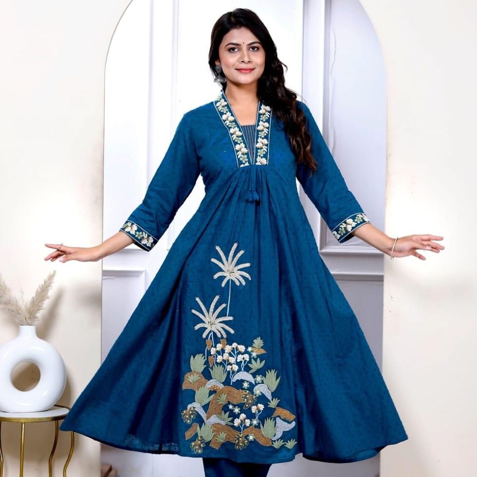 Premium Quality Pure Dobby Cotton Embroided Anarkali Pant With Dupatta Set-Navy Blue, Teal Blue.