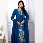 Premium Quality Pure Dobby Cotton Embroided Anarkali Pant With Dupatta Set-Navy Blue, Teal Blue.