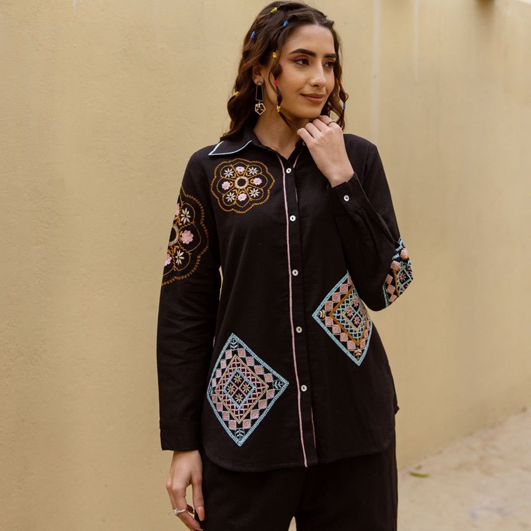 Embroidered Cotton Shirt With Pants