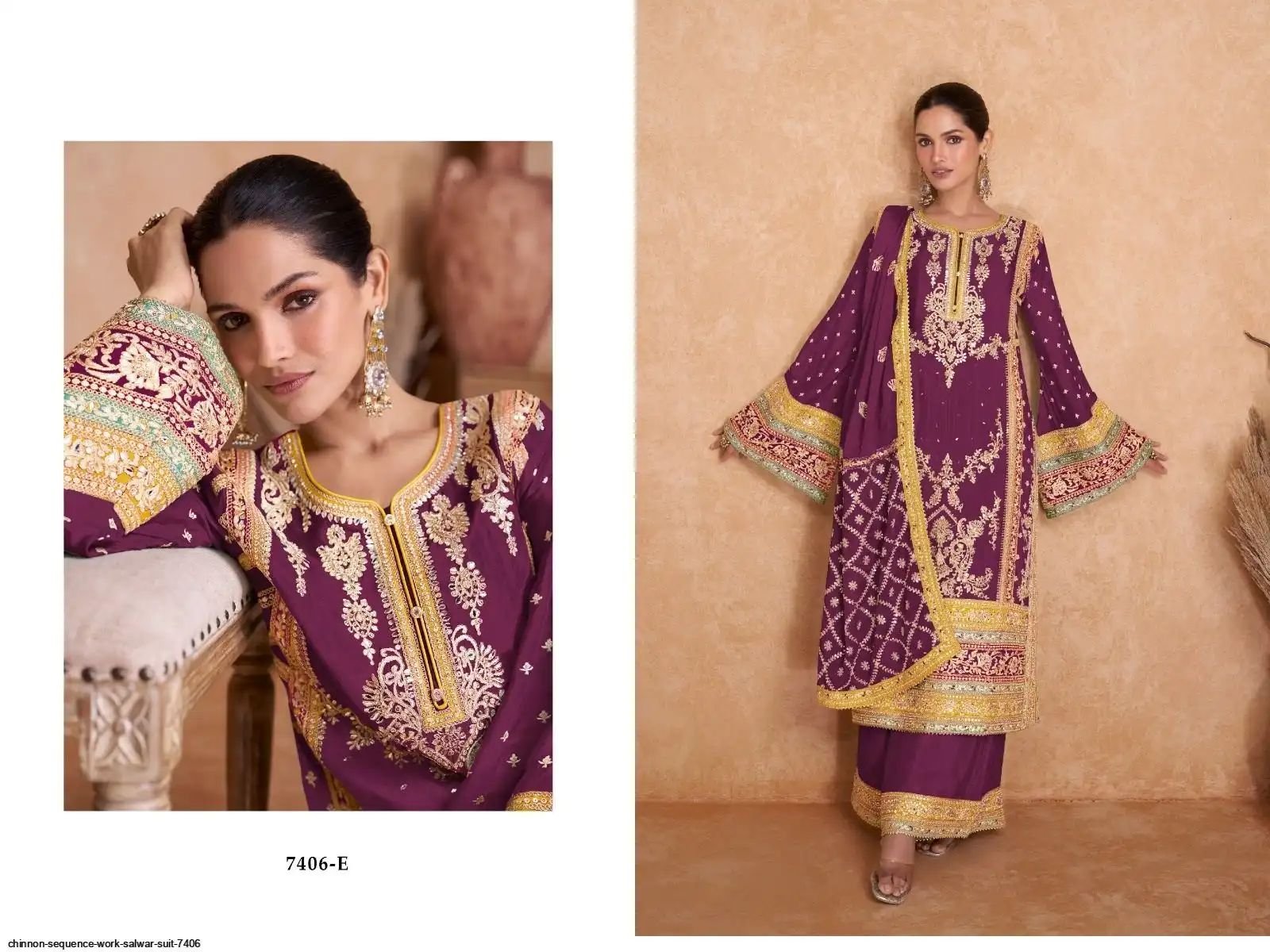 Wine Chinnon Heavy Embrodiary Designer Pakistani suit