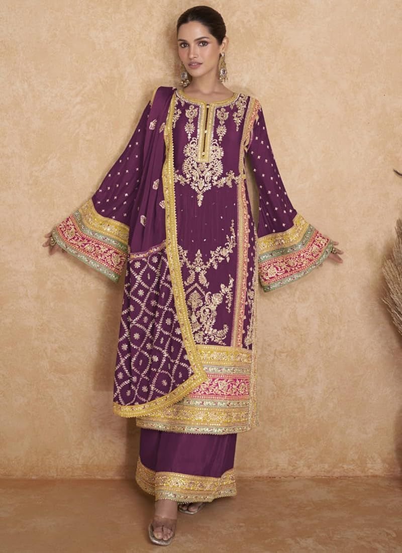 Wine Chinnon Heavy Embrodiary Designer Pakistani suit