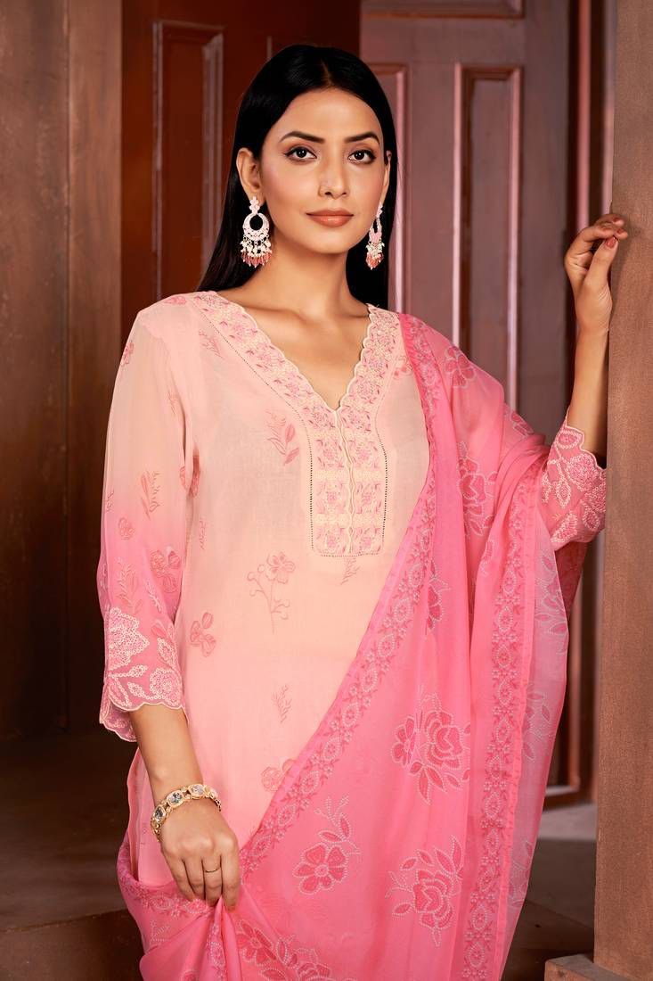 Beautiful Pink Colour Organza Fabric Designer Girlish Readymade Suit Stitched