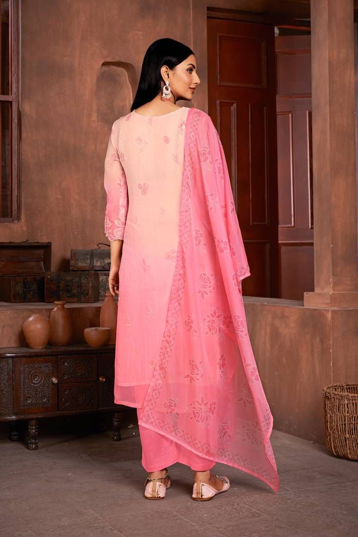 Beautiful Pink Colour Organza Fabric Designer Girlish Readymade Suit Stitched