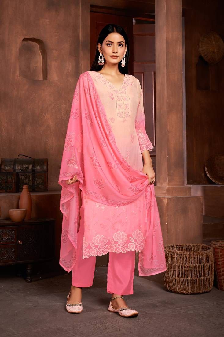 Beautiful Pink Colour Organza Fabric Designer Girlish Readymade Suit Stitched