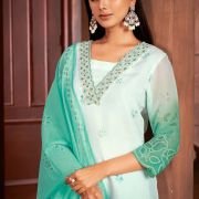 Beautiful Sea Green Colour Organza Fabric Designer
