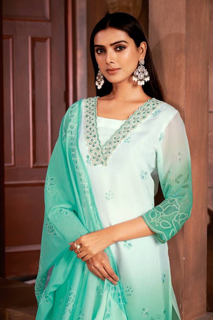 Beautiful Sea Green Colour Organza Fabric Designer
