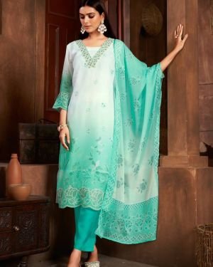 Beautiful Sea Green Colour Organza Fabric Designer