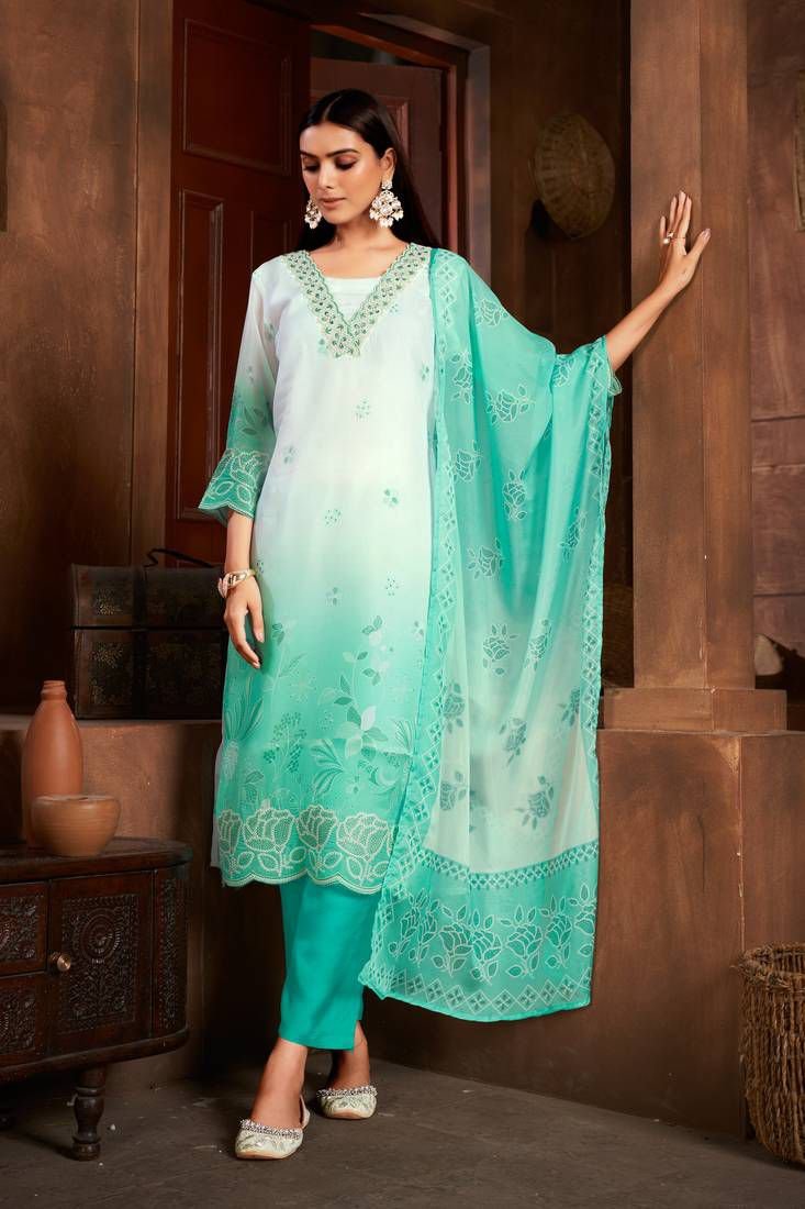Beautiful Sea Green Colour Organza Fabric Designer