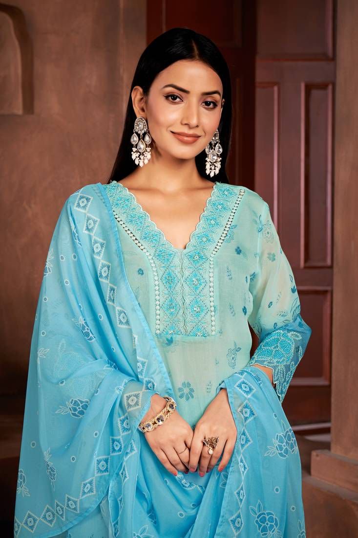 Beautiful Blue Colour Organza Fabric Designer