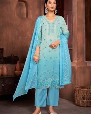 Beautiful Blue Colour Organza Fabric Designer