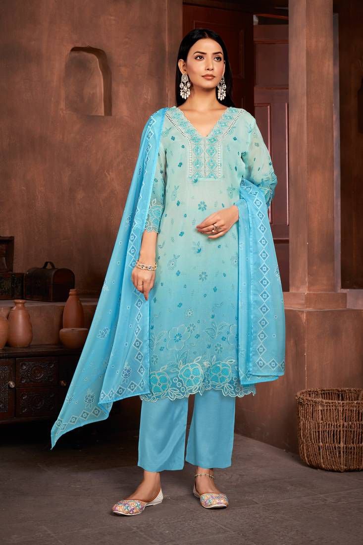 Beautiful Blue Colour Organza Fabric Designer