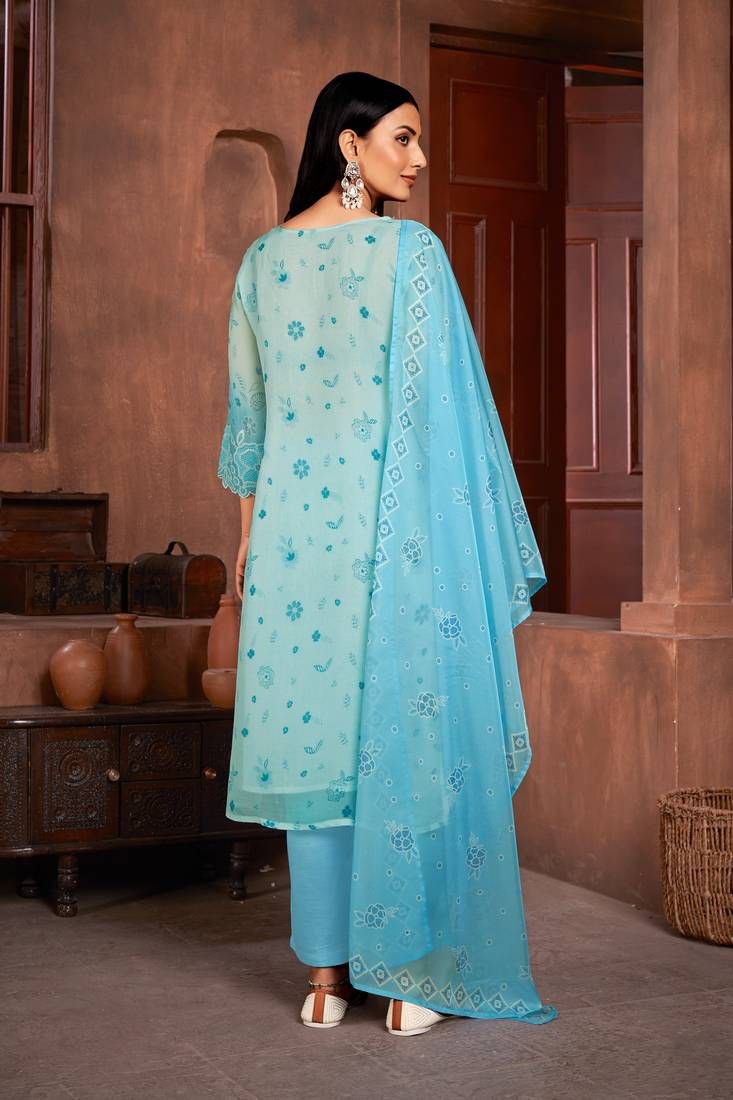 Beautiful Blue Colour Organza Fabric Designer