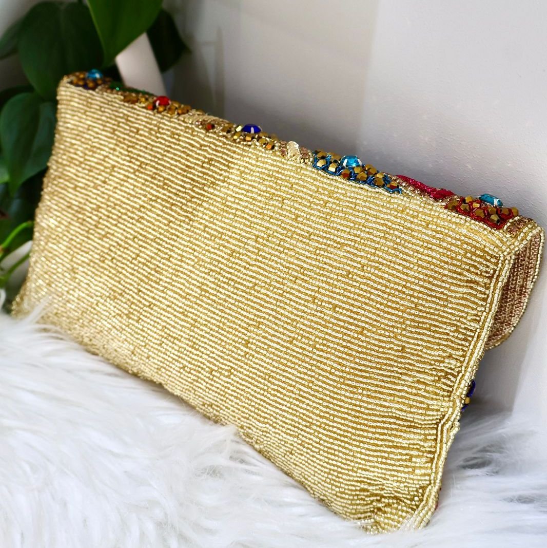 Womens Designer Handicraft Clutch Golden Multi Color