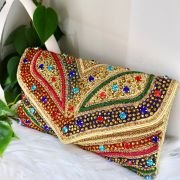Womens Designer Handicraft Clutch Golden Multi Color