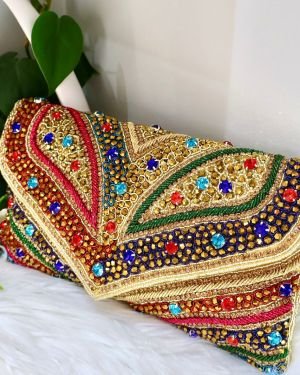 Womens Designer Handicraft Clutch Golden Multi Color
