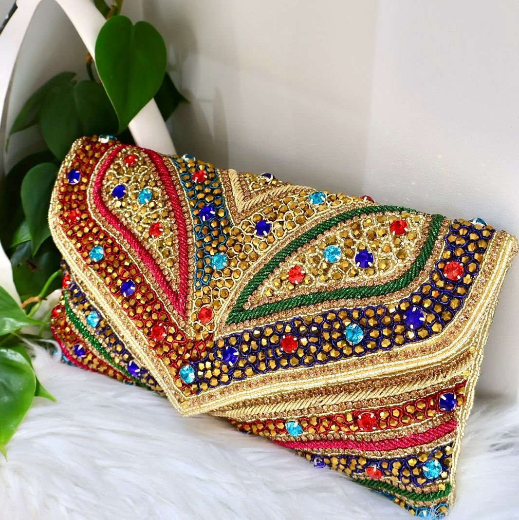 Womens Designer Handicraft Clutch Golden Multi Color