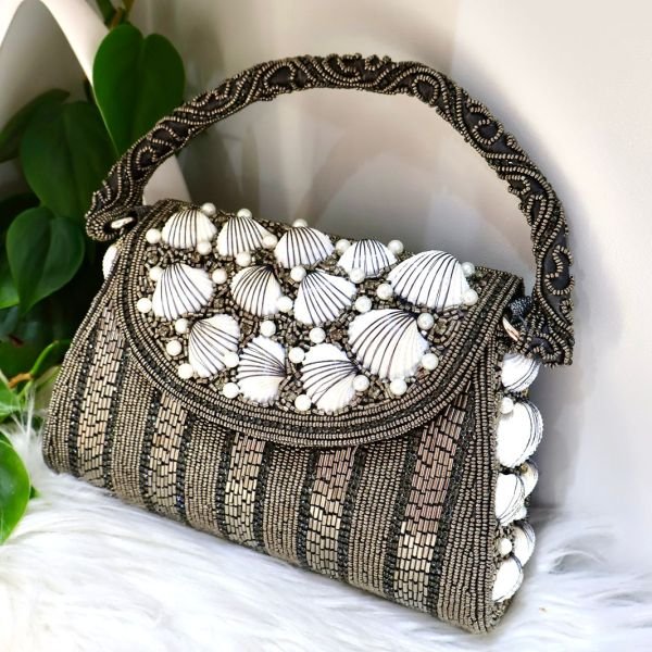 Seashell Embellished Hand Beaded Clutch Bag