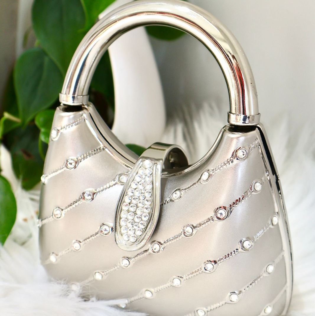 Small lady purse brushed silver in color carry with chain or without