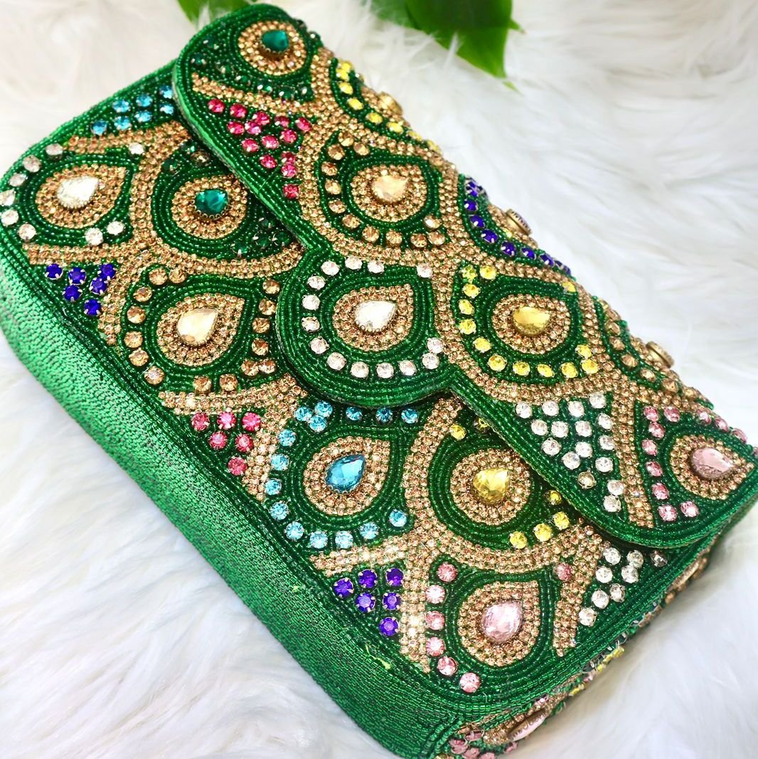 Fashion Hand Embroidered Box Clutch Bag Purse-Green