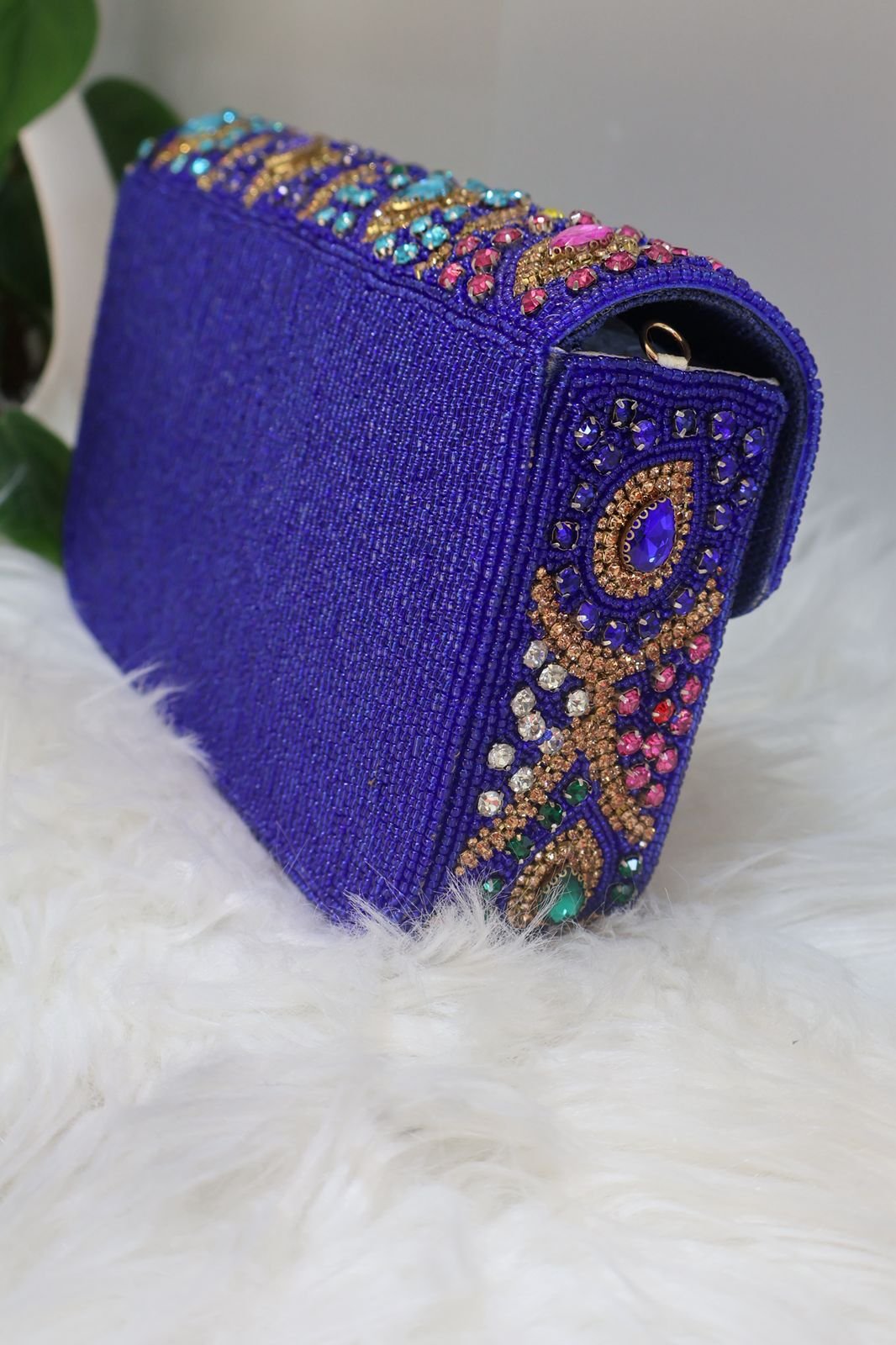 Fashion OVERSEAS Hand Embroidered Box Clutch Bag Purse-Purple