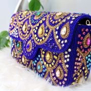 Fashion OVERSEAS Hand Embroidered Box Clutch Bag Purse-Purple