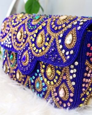 Fashion OVERSEAS Hand Embroidered Box Clutch Bag Purse-Purple
