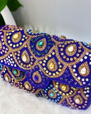 Fashion OVERSEAS Hand Embroidered Box Clutch Bag Purse-Purple