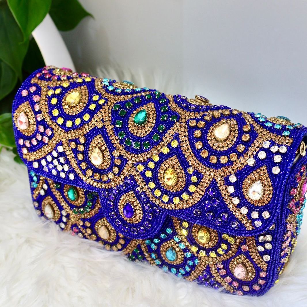 Fashion OVERSEAS Hand Embroidered Box Clutch Bag Purse-Purple