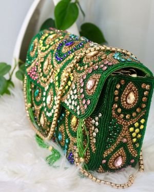 Fashion Hand Embroidered Box Clutch Bag Purse-Green