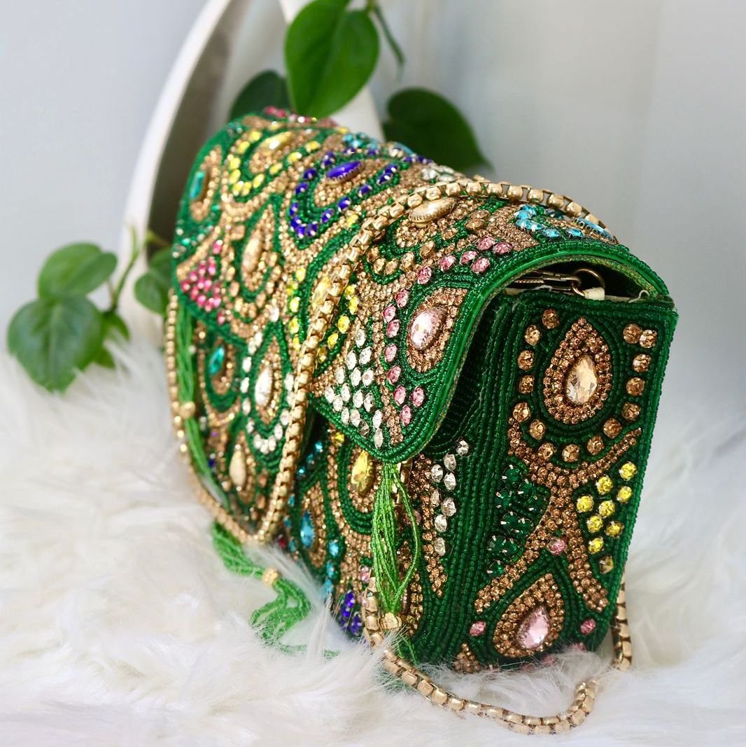 Fashion Hand Embroidered Box Clutch Bag Purse-Green
