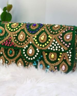 Fashion Hand Embroidered Box Clutch Bag Purse-Green