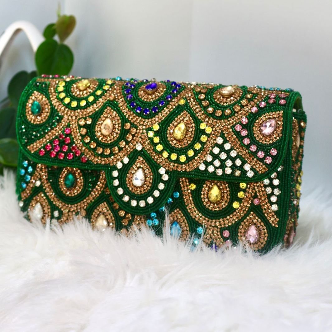Fashion Hand Embroidered Box Clutch Bag Purse-Green