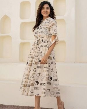 Printed Polyester Aline Dress in white