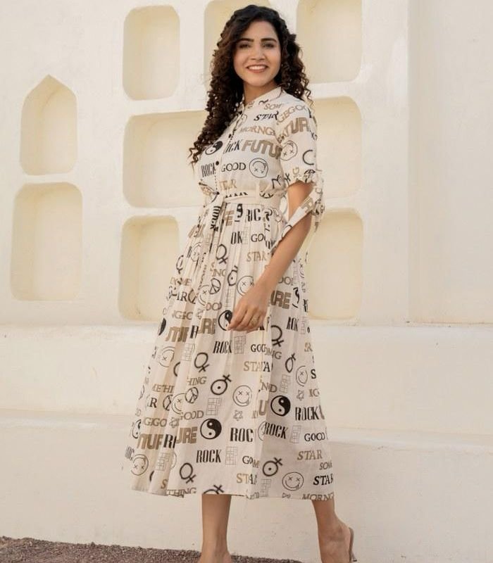 Printed Polyester Aline Dress in white