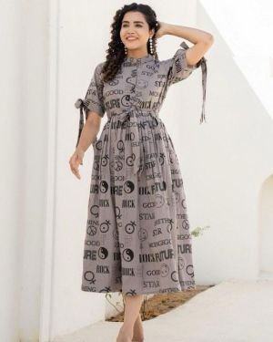 Printed Polyester Aline Dress in Gray