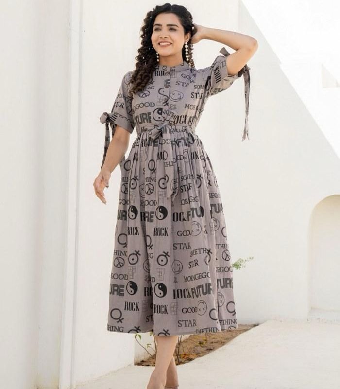 Printed Polyester Aline Dress in Gray