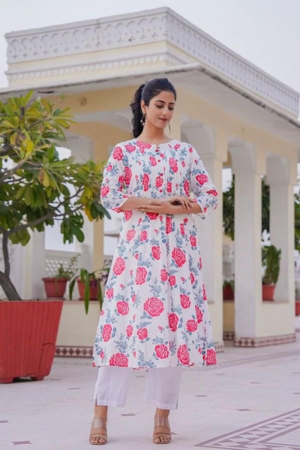 Floral Printed Anarkali Kurta with White straight pant